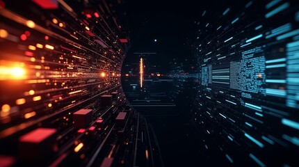 Poster - A computer generated image of a tunnel with a red and blue light