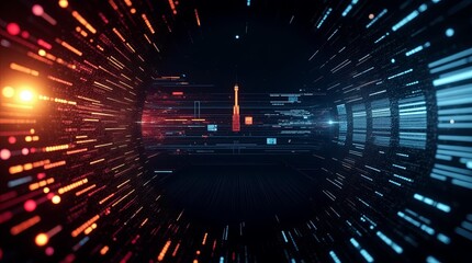 Poster - A computer generated image of a tunnel with a red tower in the middle