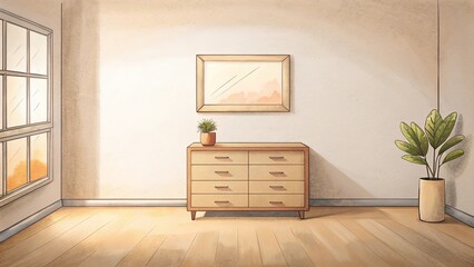 Poster - A room with a white wall and a brown dresser