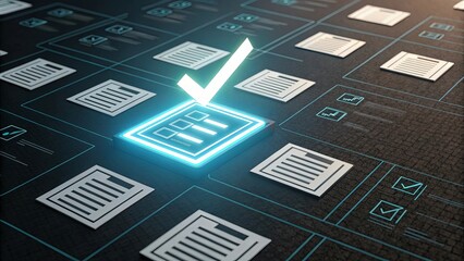 Poster - A check mark is on a computer screen with a lot of papers