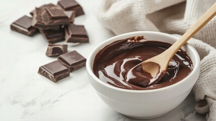 Poster - Melting dark chocolate in a bowl with chocolate chunks on a marble countertop. Generative AI