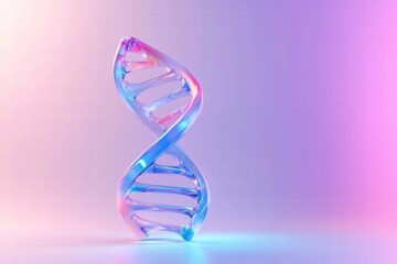 Poster - Glowing DNA helix sculpture illuminated in futuristic colors against a soft purple background. Generative AI