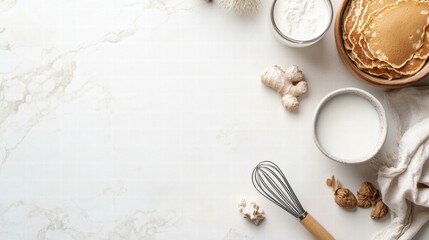 Aufkleber - Pancake preparation with ingredients including milk, ginger, and cream on a marble countertop. Generative AI