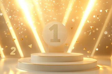 Poster - Celebration of victory on a gleaming podium with golden light and confetti during an awards ceremony. Generative AI