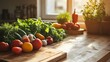 © Kelly - Fresh vegetables on a wooden counter, natural light from a window, generative ai