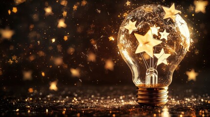 Poster - Creative light bulb filled with golden stars, glowing softly against a dark background, offering a magical ambiance