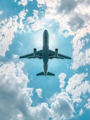 Leinwandbilder - Airplane flying high above clouds on a bright day with sunlight illuminating the sky. Generative AI