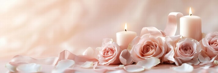 Aufkleber - Romantic candles and soft pink roses create a serene atmosphere for special occasions or relaxation. Generative AI