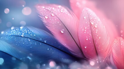 Wall Mural - Pastel Feathers Ethereal Digital Painting Dreamy Atmosphere Soft Light Bokeh Gradient Pink Blue White Background