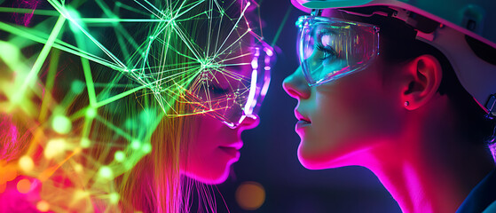 Poster - Innovative technology interaction between two individuals urban setting portrait nighttime close-up futuristic concept