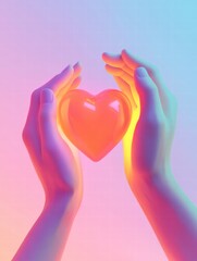 Aufkleber - Hands gently hold a glowing heart shaped object against a vibrant pastel background of blue and pink. Generative AI