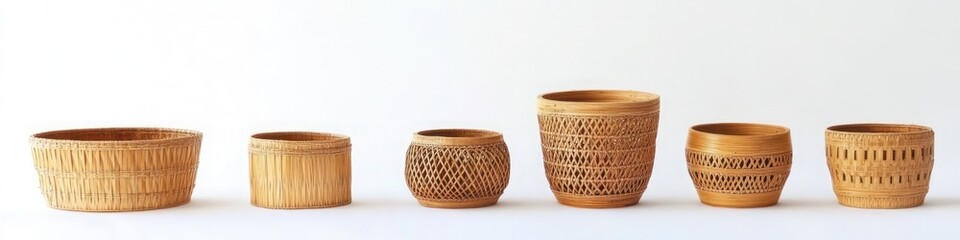Poster - A set of bamboo baskets in various shapes and sizes, arranged on a white background