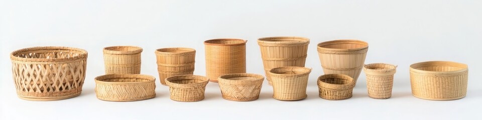 Poster - A set of bamboo baskets in various shapes and sizes, arranged on a white background