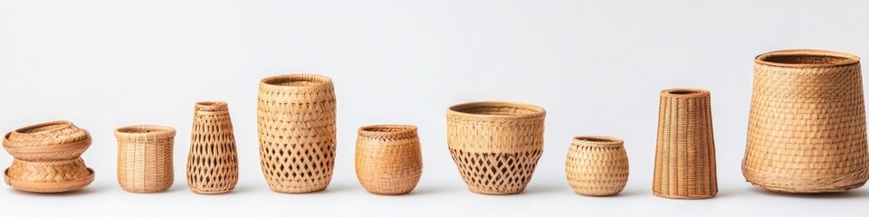 Poster - A set of bamboo baskets in various shapes and sizes, arranged on a white background