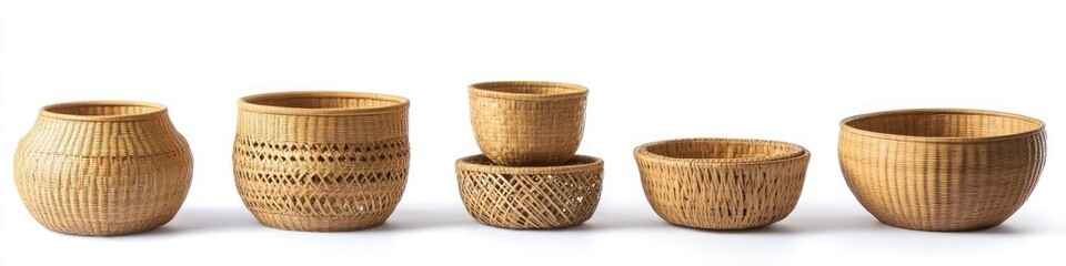 Poster - A set of bamboo baskets in different shapes and sizes, with a white background