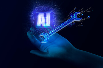 Poster - Artificial intelligence in maintenance. AI abbreviation, digital wrench and hand in cyberspace