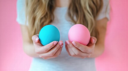 Leinwandbilder - Colorful eggs held by a person with wavy hair against a pink background in a bright setting. Generative AI
