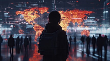 Poster - Silhouette of Person Overlooking Digital World Map with Bright City Lights and People in Background at Night
