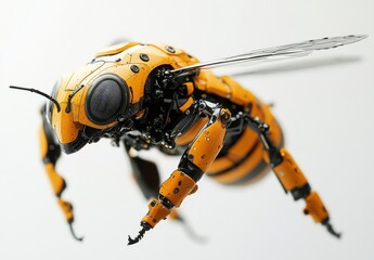Poster - Intricate Mechanical Insect with Orange and Black Design Flying Against a Soft Background for Futuristic and Technology Concepts