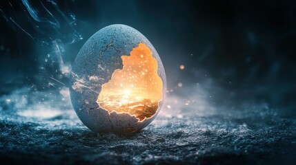 Poster - Illuminated Egg Shell with Cosmic Glow and Magical Background in Ethereal Environment