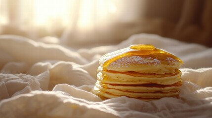 Poster - Delicious stack of fluffy pancakes drizzled with golden syrup on soft bedding in bright morning light. Generative AI