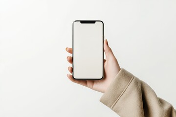 Poster - Female Hand with Coat Sleeve Holding Modern Smartphone Isolated on White Background