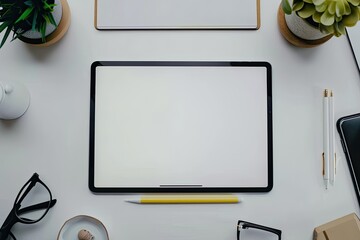 Poster - Top View of Blank Screen Tablet and Smartphone with Office Supplies in Modern Office Style