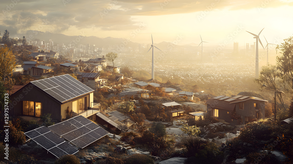 view of a city with solar panels on rooftops, wind farms in the ...