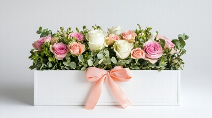 Aufkleber - Elegant floral arrangement featuring pink and white roses with greenery in a decorative box. Generative AI