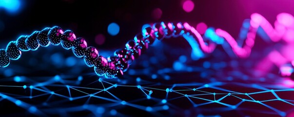 DNA Chain Molecule with Cybernetic Network Nodes and Futuristic Gradient Lighting Visualisation
