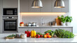© Kevin - Sleek modern kitchen with fresh ingredients neatly arranged on a marble countertop