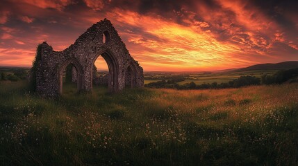 Sticker - Sunset over ruined abbey in field