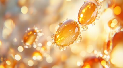 Poster - Glorious Macro Shot of Illuminating Orange Gel Capsules Glittering in Warm Light Background for Health and Wellness Themes