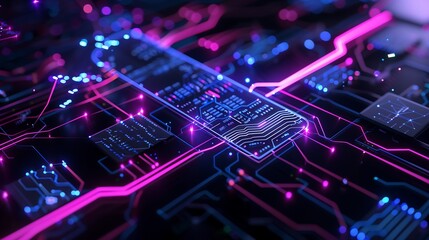 Poster - A futuristic digital cyber technology interface with augmented reality displays, floating holographic data panels in neon blue and purple, interconnected nodes and circuits