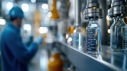 Poster - advanced oil industrial technology in modern lab with bottled samples and scientific equipment for r