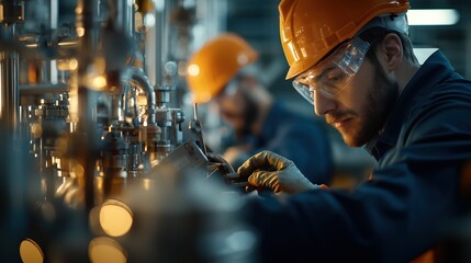 Poster - Industrial Workers Focusing on Oil Technology Processes in a Modern Factory Environment with Equipment and Safety Gear