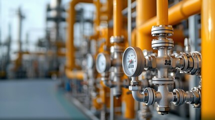 Poster - industrial oil processing equipment with yellow pipes and gauges in a modern facility highlighting t