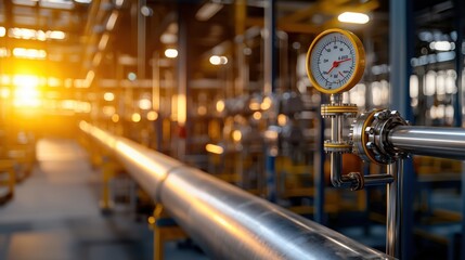 Poster - industrial oil technology setup with pressure gauge in modern pipeline system under warm lighting en