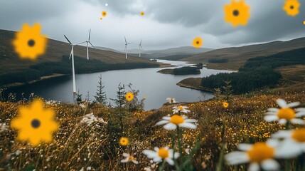 Canvas Print - Wind turbines, lake, wildflowers, cloudy sky, Scotland