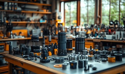 Poster - Industrial Workshop with Various Precision Tools and Equipment on a Display Table