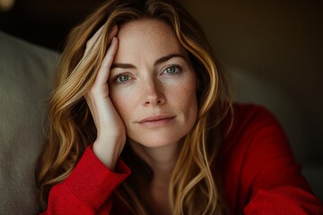 Wall Mural - Woman, red sweater, thoughtful pose, indoor setting, portrait