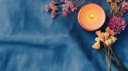 Wall Mural - A serene arrangement of a lit candle surrounded by dried flower on a blue fabric background