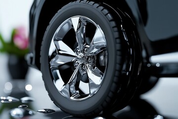 Poster - Close-Up of a Glossy Car Wheel with Chrome Rims Reflecting Light and Water Droplets
