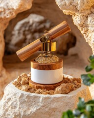 Poster - Elegant wooden display with gold embellishments on a natural stone pedestal in warm lighting