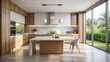 © Buakung - A minimalist wooden table sits alone on a white marble countertop in a modern kitchen with stainless steel appliances and large windows letting natural light in , empty wood table, stainless steel