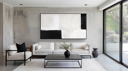 Poster - A raw concrete living room with minimalist furniture, bold black accents, and a large abstract painting, blending brutalist and contemporary design.