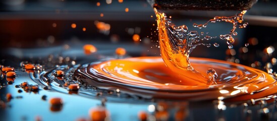 Poster - Vibrant Orange Liquid Splash Captured in Motion with Brilliant Reflections and Droplets