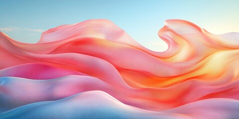 Poster - a computer generated image of a wave of pink and orange fabric on a blue and white background with a light blue sky in the background, 8k image