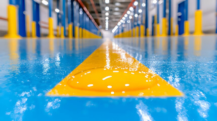 Yellow line floor factory aisle, industrial background