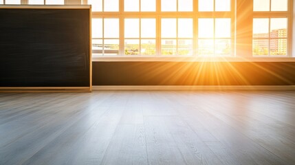 Wall Mural - Sunlight streaming through large windows into a spacious classroom with a chalkboard